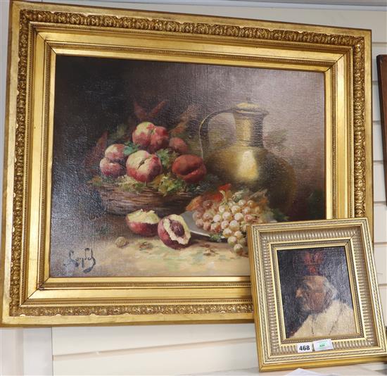 L A Burdett, The Cardinal, oil on canvas board, 20 x 16cm and Continental School (20th century), oil on canvas, Still life, indistinctl